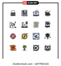 Flat Color Filled Line Pack mit 16 universellen Symbolen für Graphen; Analytik; online; Hühner; Danksagungen Editable Creative Vektorillustration Design Elements