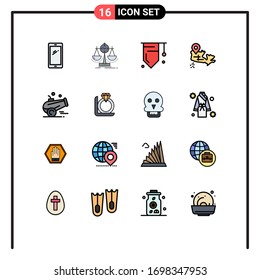 Flat Color Filled Line Pack of 16 Universal Symbols of cannon; map; scorecard; canada; study Editable Creative Vector Design Elements