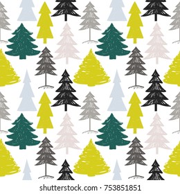 Flat color fir forest seamless pattern. Merry Christmas and happy new year greeting card backdrop design. Retro hand drawn vector flat art on white background.