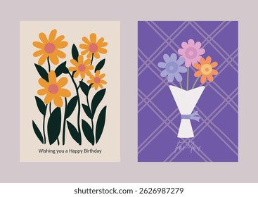 Flat Color Flower Bouquet Greeting Cards