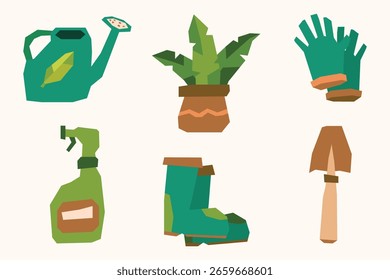 Conjunto de pegatinas de elementos de herramientas de jardinería de color plano con verde marrón en estilo recorte