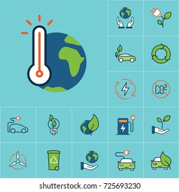 flat color global warming icon, green energy set on blue background