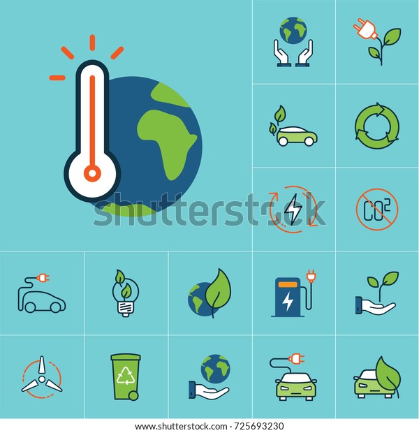 flat color global warming icon, green energy\
set on blue background