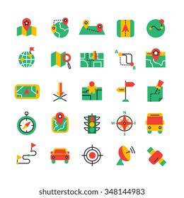 Flat color GPS and navigation icons set with satellite equipment vehicles and road route isolated vector illustration