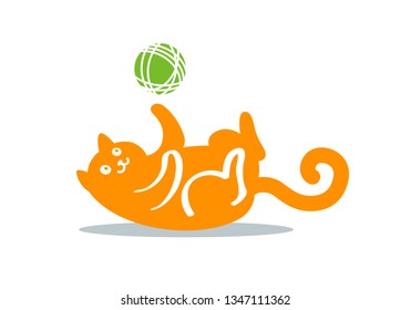 Flat color graphic drawing of a cute funny red cat, playing with a ball of wool or thread, falling on his back. Icon or logo, vector illustration, isolated on background.