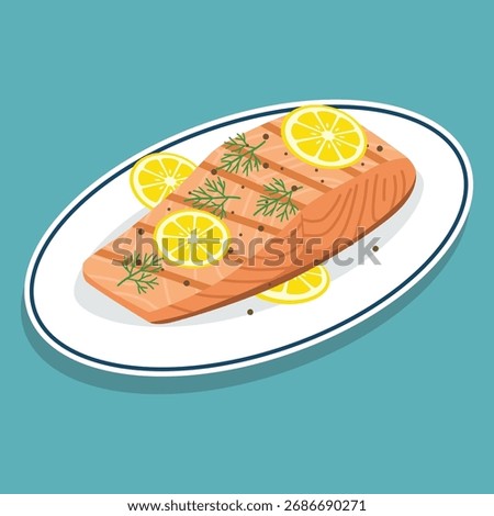 flat color of grilled salmon with lemon and dill