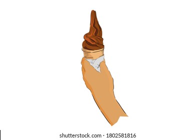 Flat Color Hand Draw Sketch, Hand Holding Chocolate Ice Cream Cone, isolated on white


