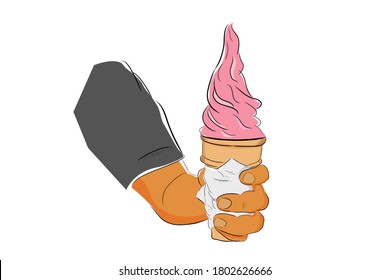 Flat Color Hand Draw Sketch, Hand Holding Strawberry Ice Cream Cone, isolated on white
