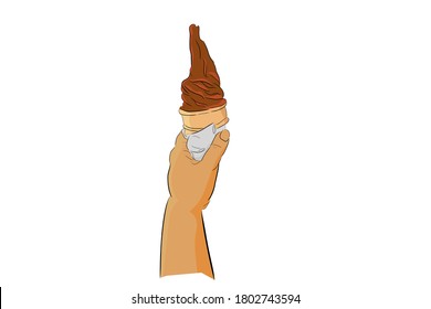 Esbozo de dibujo a mano de color plano, cono de crema de hielo de chocolate, aislado en blanco
