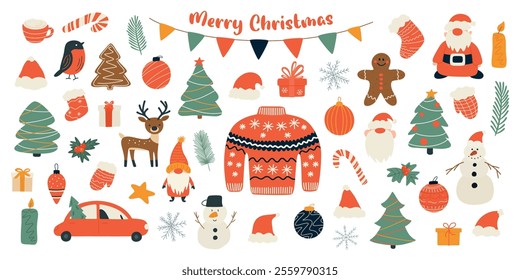 Flat Color Hand Drawn Vector Christmas, New Year Set. Christmas Collection, New Year Illustrations. Christmas Tree, Dwarf, Candy Cane, Santa, Reindeer, Snowman, Gingerbread. Christmas Design Elements