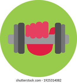 Flat color hand holding dumbbell icon on green background. Fully editable. Royalty free.	