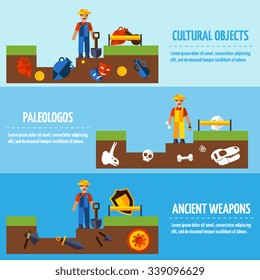  Flat  color horizontal  archeology banners set   with people and different kinds of archaeological finds vector illustration
