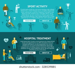  Flat color horizontal banner ad  disabled hospital treatment  and  sport activity vector illustration.