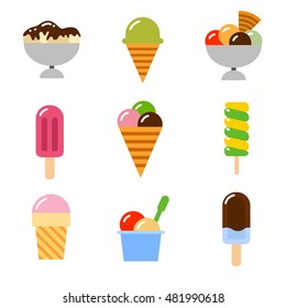 Flat color ice cream icon set. 