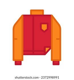 Flat color icon of autumn jacket with long sleeves. Casual clothes and shoes. Wardrobe item to create modern fashionable look. Simple vector symbol isolated on white background