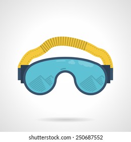 Flat color icon for blue climbing or ski glasses or goggles with yellow strap and reflection of mountain on white background.