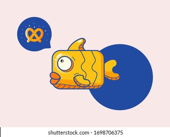 flat color icon of a cheerful fish with a bubble pretzel  on a light green background