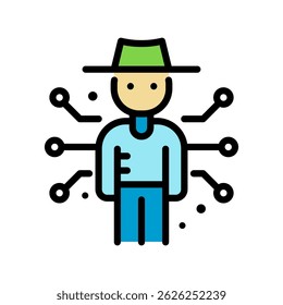 Flat color icon of a farmer with electric circuit lines, symbolizing smart farming, agri-tech innovation, and modern agricultural technology. Perfect for apps, infographics, and digital platforms.