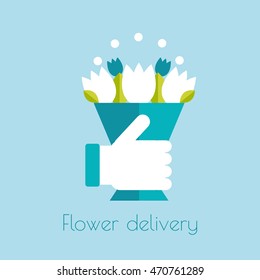 flat color icon, flower delivery. flowers in hand. store logo