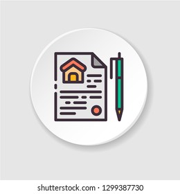 Flat color icon home purchase contract. Concept real estate document. Lease. Button for web or mobile app. UI/UX user interface. Vector clipart. Editable stroke.