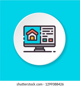 Flat color icon home search icon in the computer. Booking, rental housing concept. Button for web or mobile app. UI/UX user interface. Vector clipart. Editable stroke.