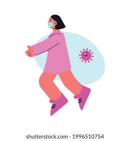 Flat color icon with human character in medical protective mask and evil coronavirus bacterium vector illustration