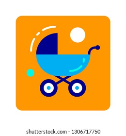 Flat color icon pram. Concept of baby supplies,vehicle. Walk outside. Isolated flat drawing, illustration. Sign for web or mobile app. UI/UX user interface. Vector clipart.