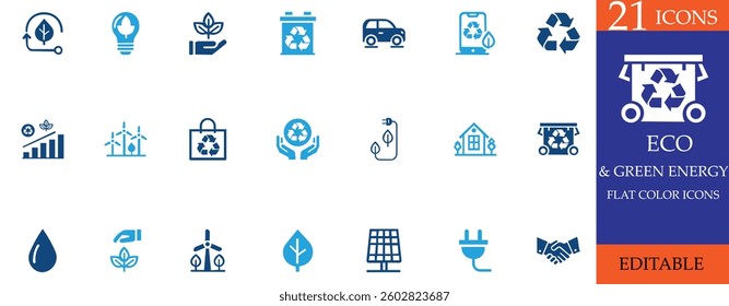 Flat color icon set of eco-friendly, recycling, and green energy concepts. Perfect for sustainability, renewable energy, and environmental conservation-themed projects and designs.

