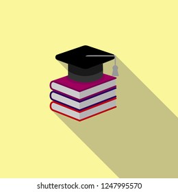 Flat color icon of a stack of books and graduate caps, long shadow