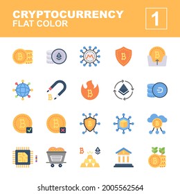 flat color icon symbol set, cryptocurrency concept, bitcoin, ethereum, monero, protection, receive, dash, digital protection, minecart, cloud, bank, Isolated line vector design, editable stroke