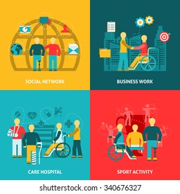  Flat color icons composition with disabled working  in  business  network hospital  sport  vector illustration.