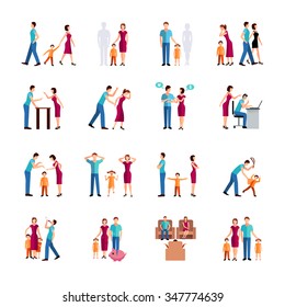 Flat color icons set depicting family problems of parents and children isolated vector illustration