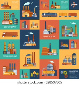  Flat color icons set with different types of industrial enterprises and  transport modes vector illustration.