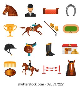 Flat color icons set with equipment for  horse riding isolated vector illustration.