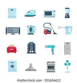 Flat color icons set of household appliances with vacuum iron tv refrigerator washing stove fan isolated vector illustration   