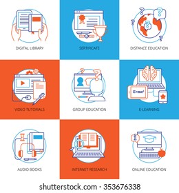 Flat Color Icons Set On Theme Online Education With Digital Library Video Tutorials Internet Research Audio Books Isolated Vector Illustration