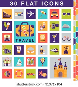 Flat color icons. Summer holiday, journey, summer vacation sign and symbol. Travel set for mobile and web applications. Vector - eps10.							
