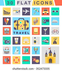 Flat color icons. Summer holiday, journey, summer vacation sign and symbol. Travel set for mobile, web, apps, interface design. Vector EPS10.