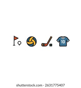 Flat color icons of various sports items, including a golf flag, volleyball, hockey stick, and jersey.