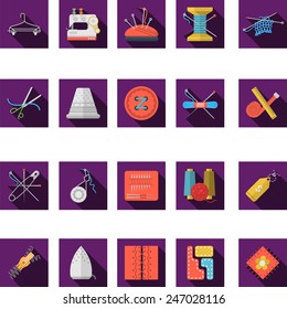 Flat color icons vector collection of sewing. Set of square purple flat vector icons for sewing and handmade items with long shadow on white background.