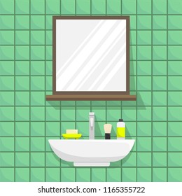 Flat color illustration of a bathroom interior. A sink with a mirror.