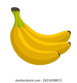 Ilustração de cor plana de um cacho de três bananas amarelas no fundo branco. Design de frutas tropicais mínimo perfeito para embalagens de alimentos saudáveis, marca de verão e visuais de produtos frescos.