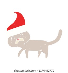 flat color illustration of cat wearing christmas hat