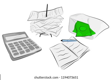 Flat Color Illustration for Cost Control (calculator, stack of payment receipt and block note)