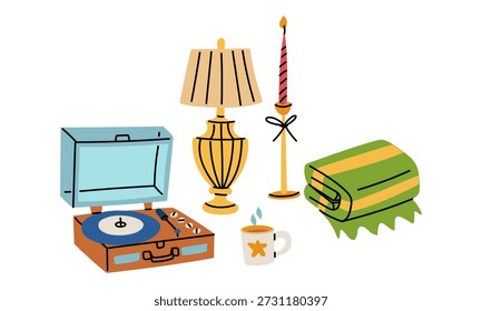 Flache Farbgrafik eines gemütlichen Sets mit einem Vinylspieler, Lampe, Kerze und Becher. Elemente eines festlichen Innenraums für Winter-Grußkarten, Ferienplakate oder Grafikdesign-Projekte