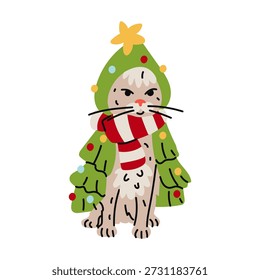 Flat color illustration of a cute light-colored cat dressed as a decorated Christmas tree. A festive home character for Christmas greeting cards, holiday posters, textile prints, or graphic design