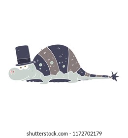 flat color illustration of dinosaur in top hat