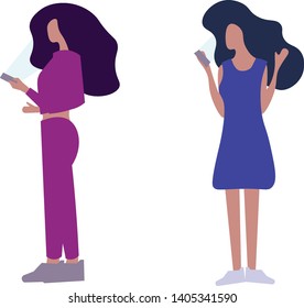 Flat color illustration of a faceless cartoon standing girls with a smartphone