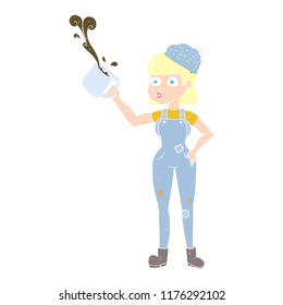 flat color illustration of female worker with coffee mug