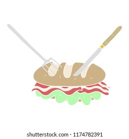 ilustración a color plano de un sándwich enorme de corte de cuchillos y horquilla